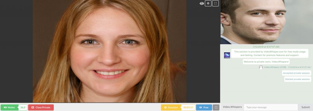 HTML5 privat 2 sätt webcam videosamtal. Betala per minut.